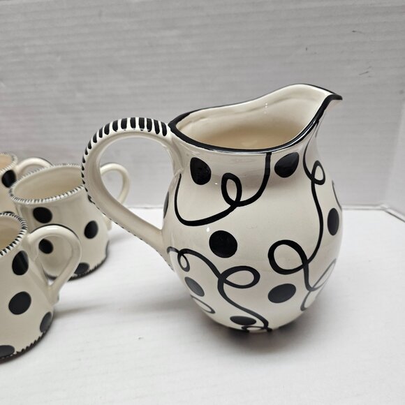 4 Ceramic M Bagwell Mix & Match Polka Dot Black White Striped Pitcher - Picture 2 of 6